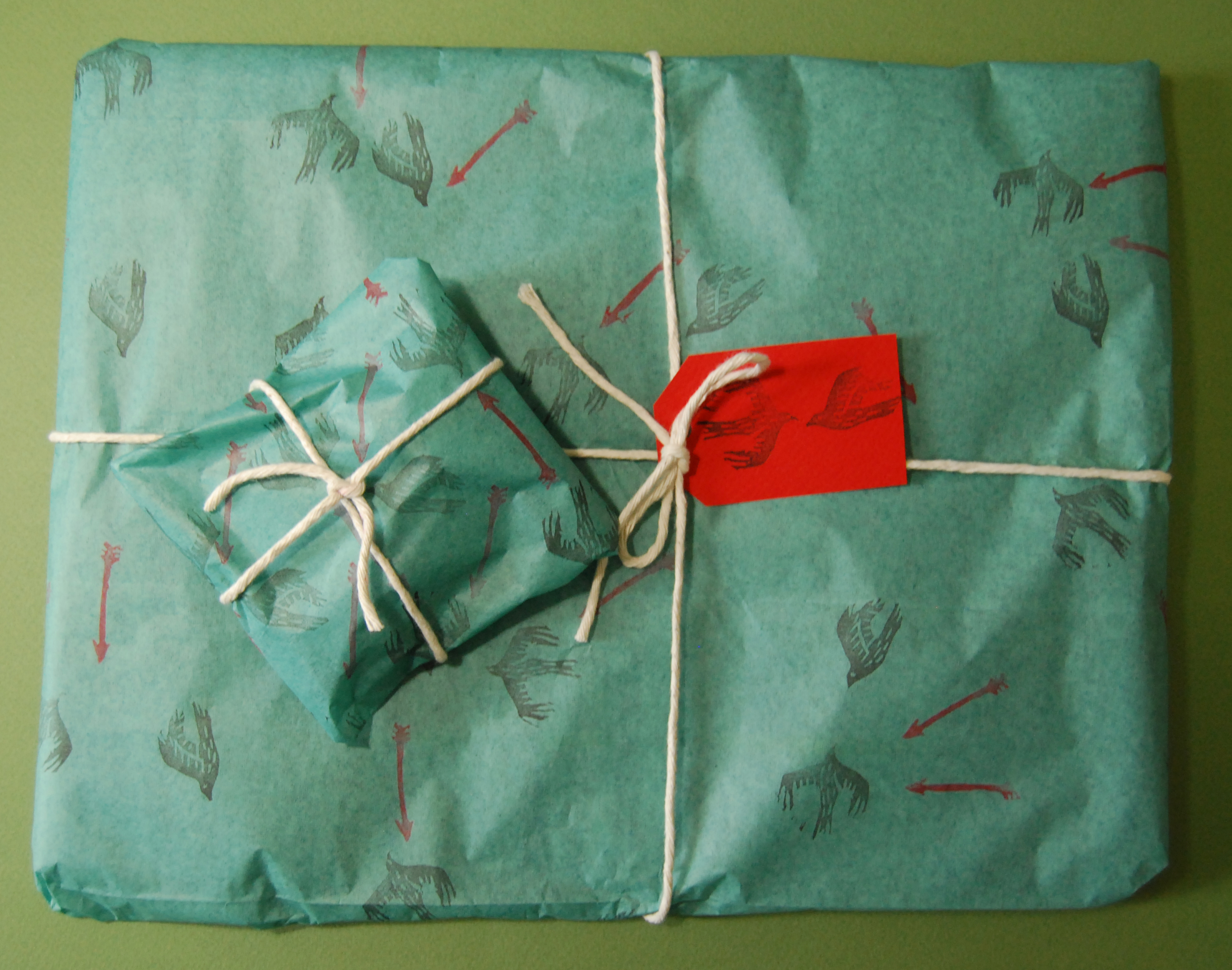 hand stamped gift wrap by Kaye Blegvad