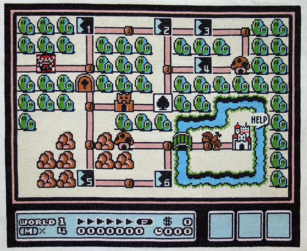 a cross stitch screenshot from Super Mario Brothers 3, of course